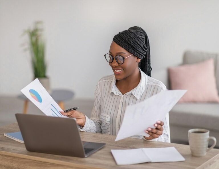 Black business woman financial manager working with papers from home